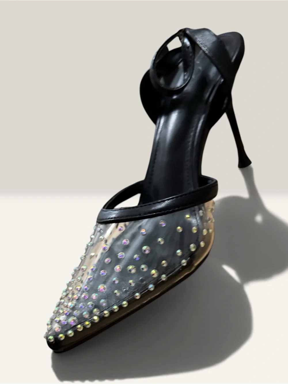 Black Studded Pointed-Toe Slingback Heel